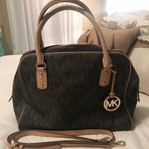 Brown MK Logo Leather Tote- Michael Kors